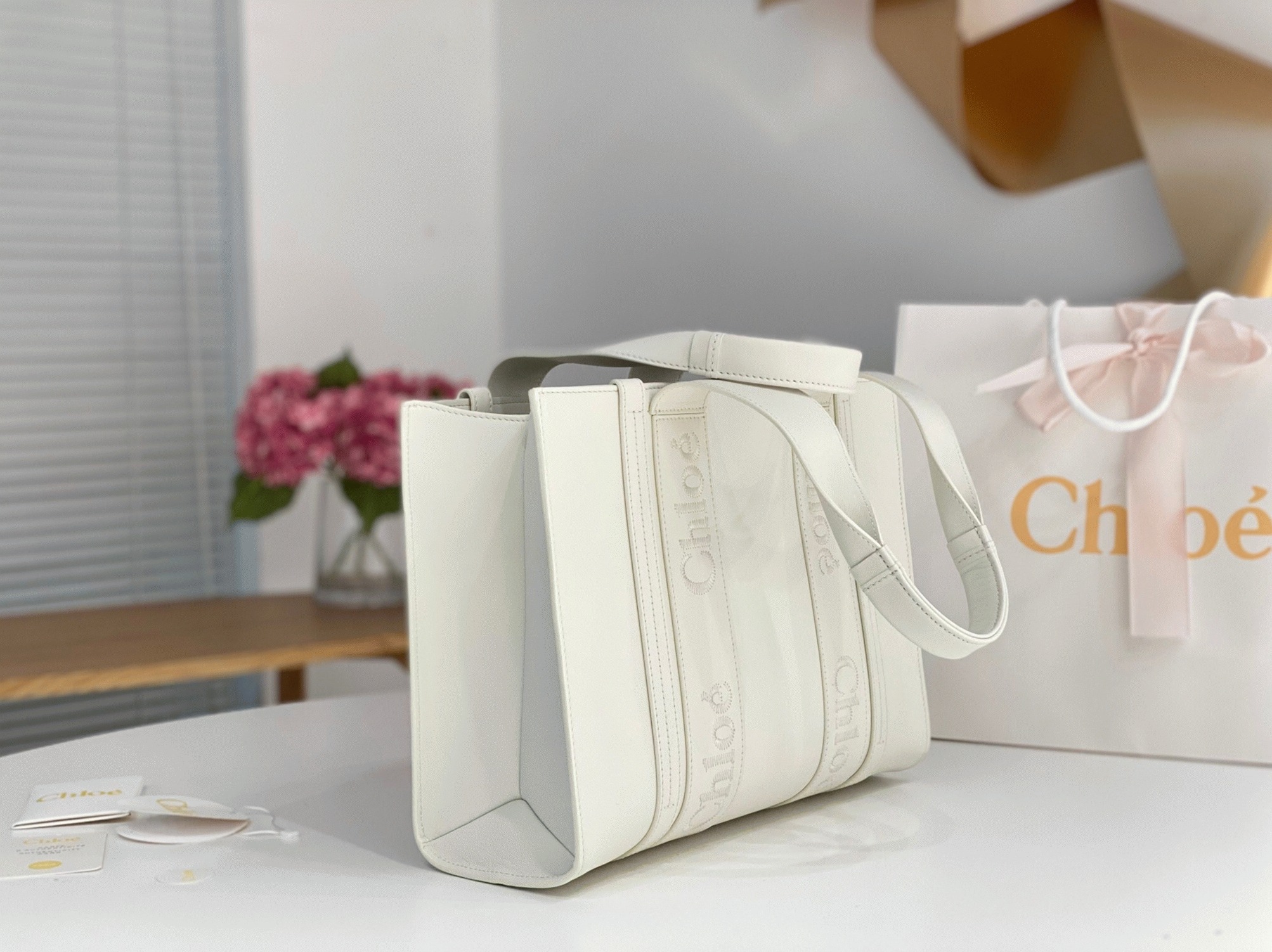 top quality fake Ch10e woody medium tote bag in white calfskin