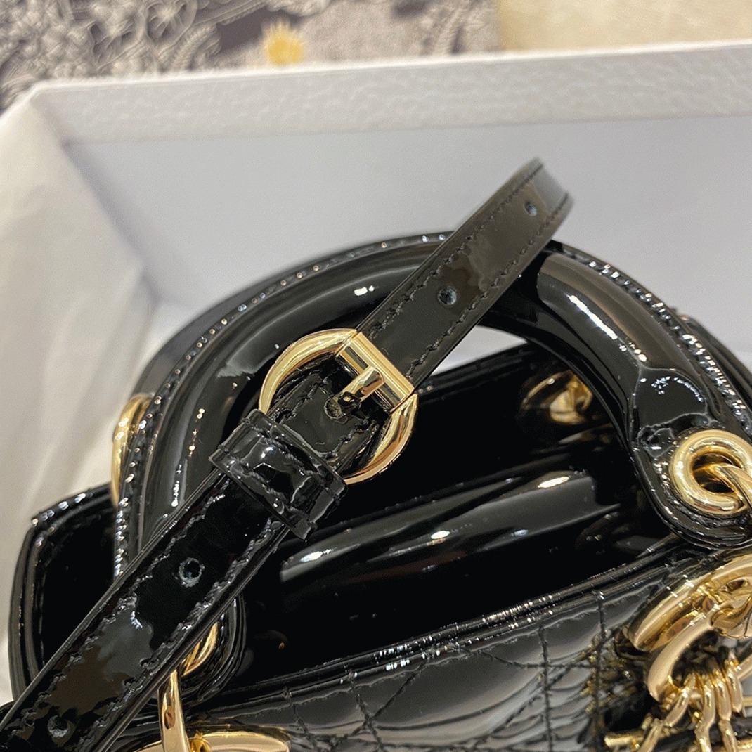 D10r Lady D10r Micro Bag Replica in Black Patent Cannage Calfskin