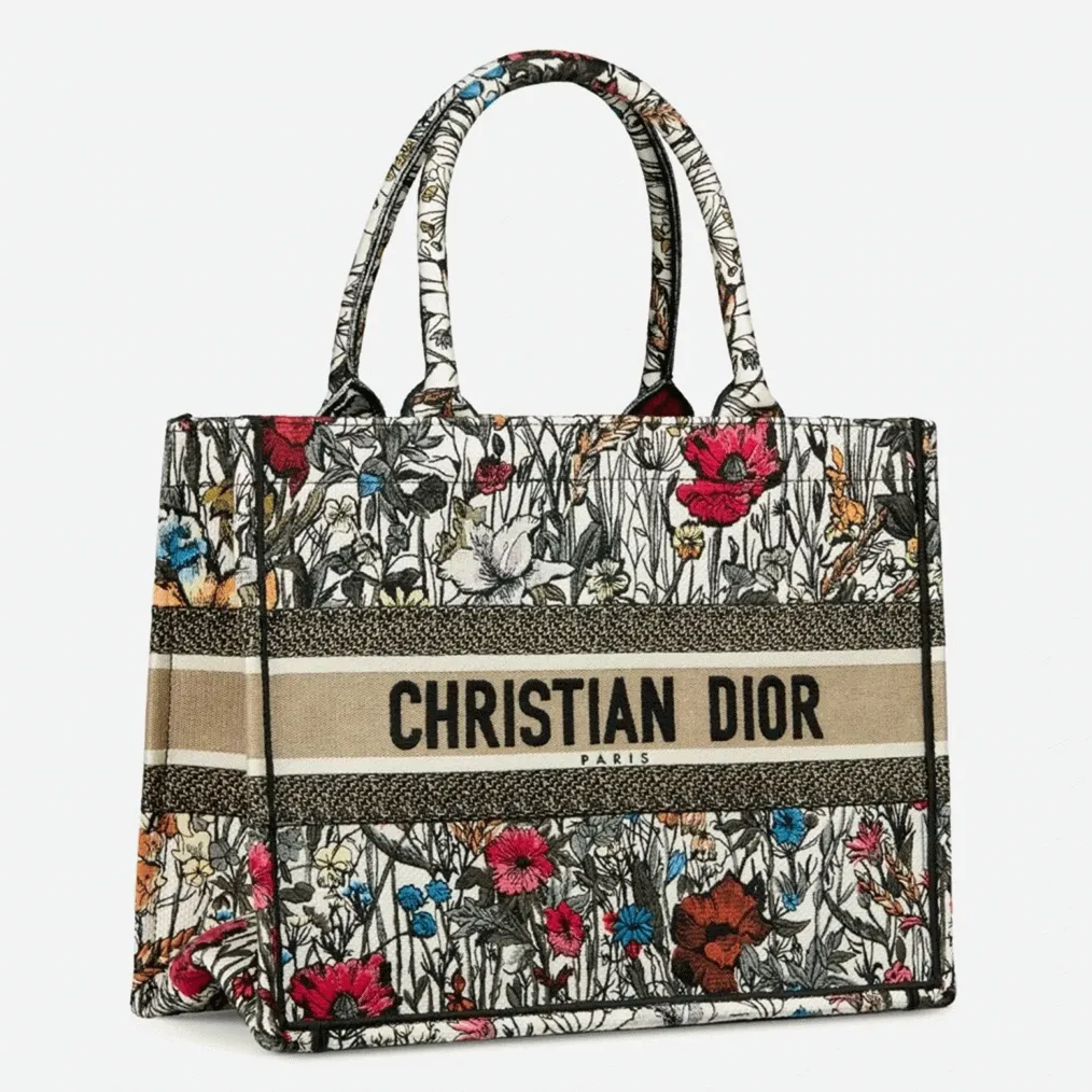D10r Medium Book Tote Bag Imitation in Multicolor Mille Fleurs Embroidery