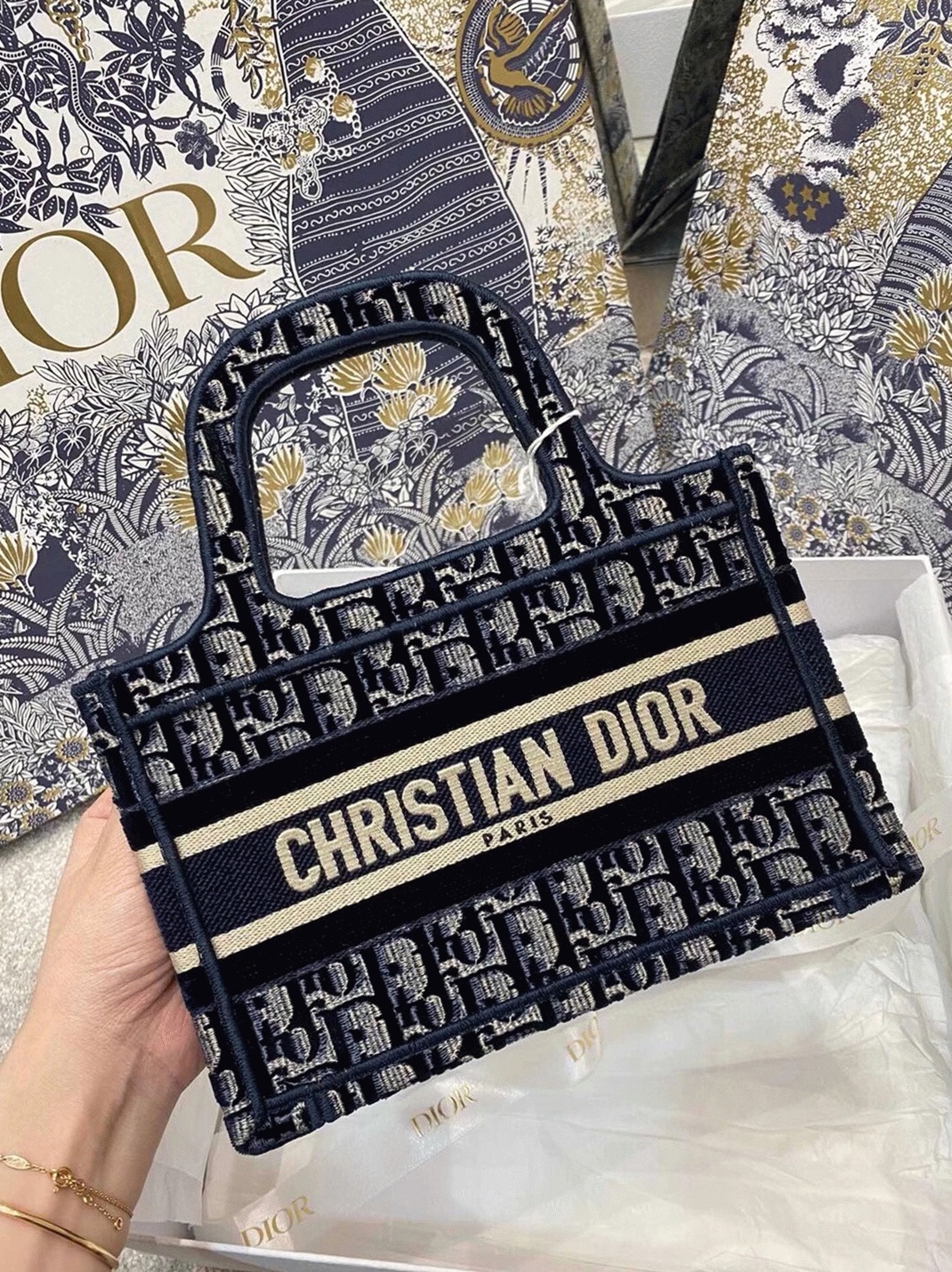 D10r Mini Book Tote Bag Imitation in Blue Velvet Oblique Embroidered