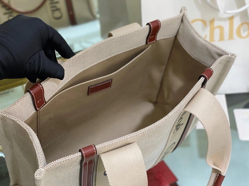 top quality faux Ch10e medium woody tote bag in canvas with brown leather strips