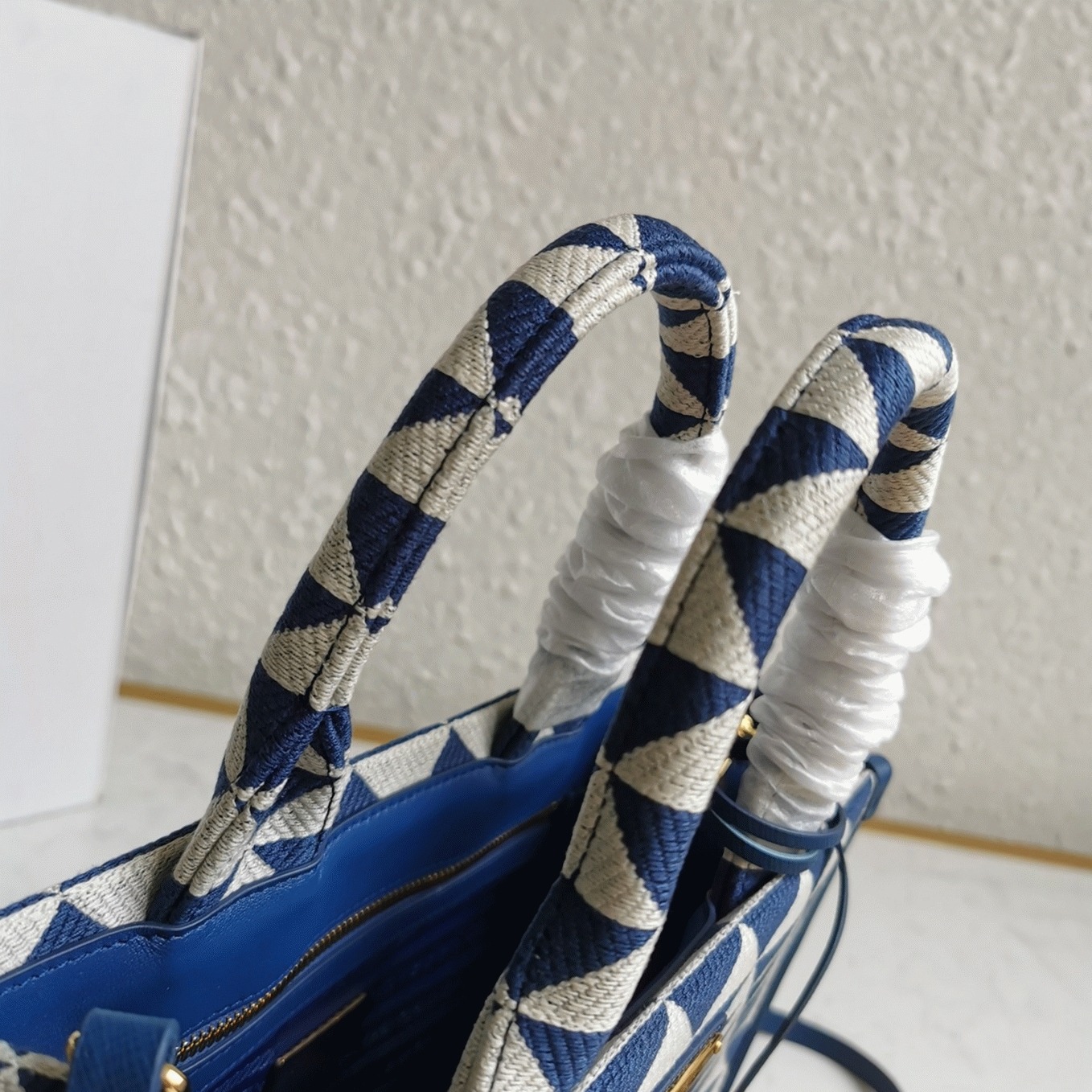 Pra*a Symbole Small Bag Knockoff in White/Blue Jacquard Fabric