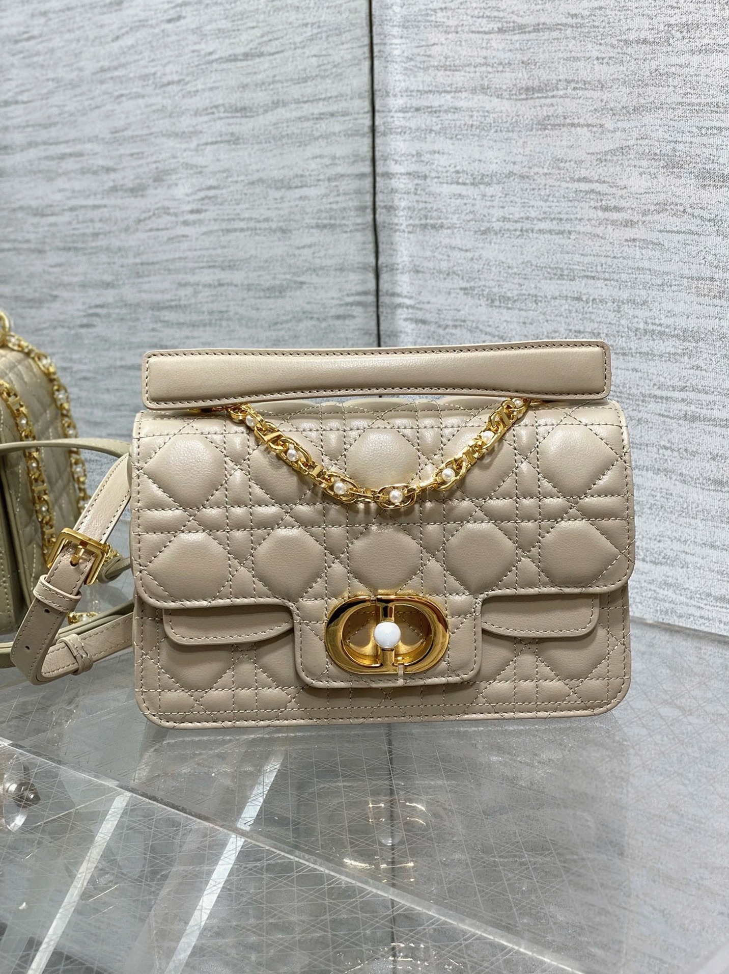 D10r Small Jolie Top Handle Bag Knockoff in Beige Cannage Calfskin