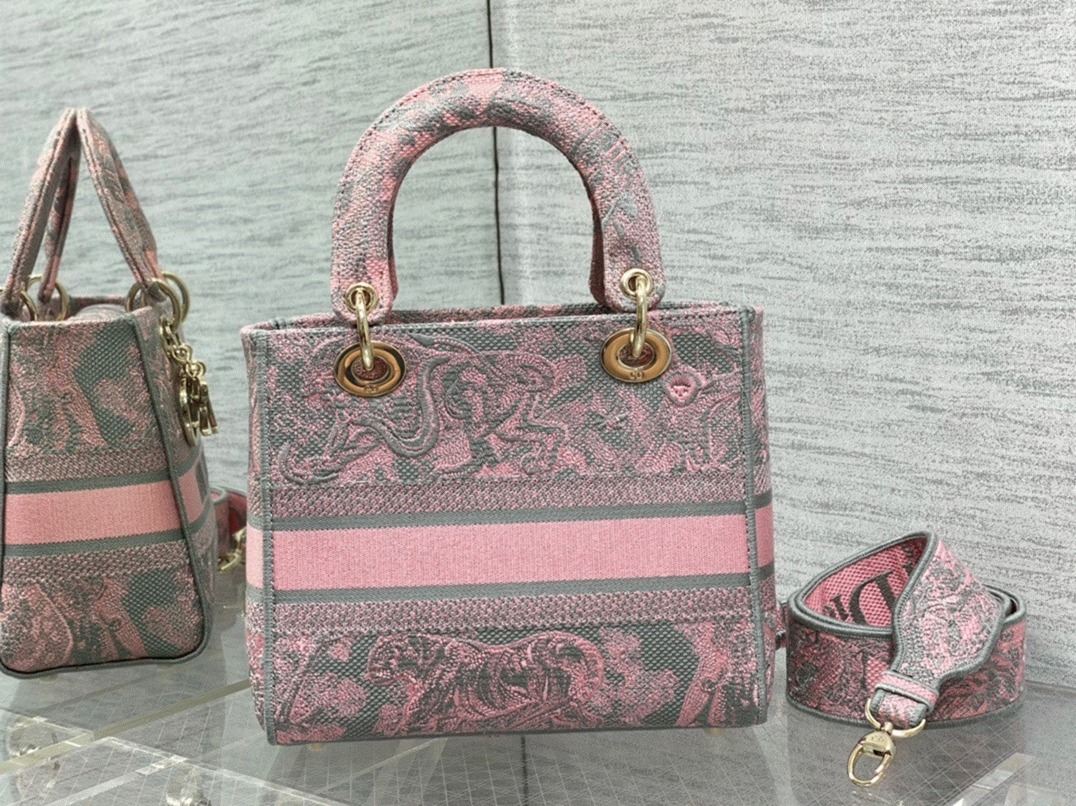 D10r Lady D-Lite Medium Bag Knockoff in Grey and Pink Toile de Jouy Reverse Embroidery
