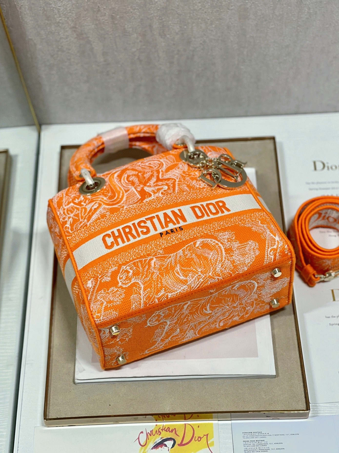 D10r Lady D-Lite Medium Bag Fake in Fluorescent Orange Toile de Jouy Reverse Embroidery