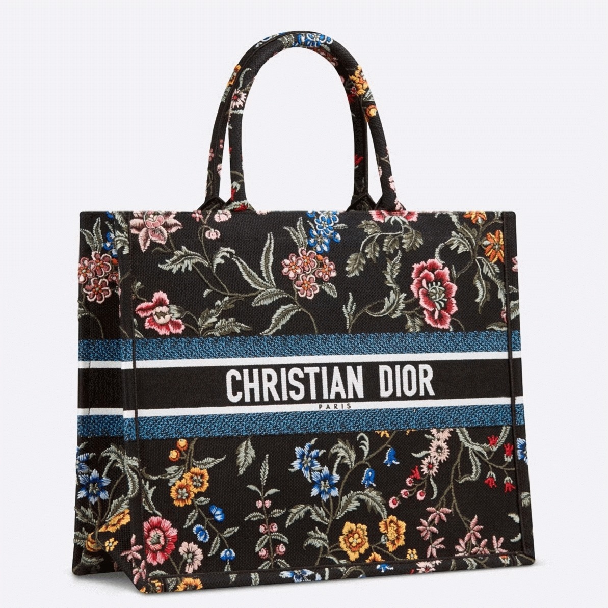 D10r Large Book Tote Bag Fake in Black D10r Petites Fleurs Embroidery