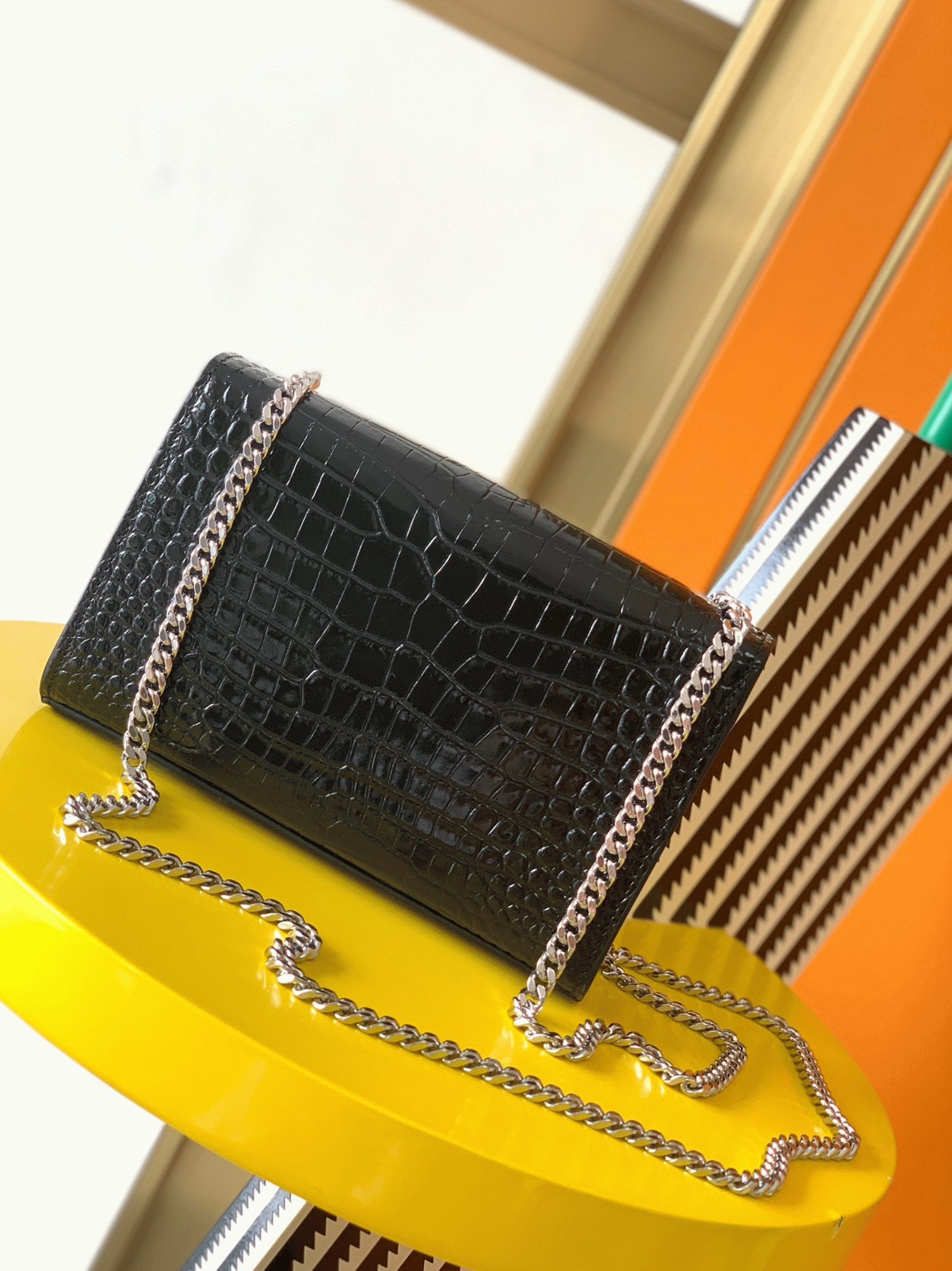 Fake Sa1nt Lau*nt Kate Small Tassel Bag Noir Crocodile-embossed Leather