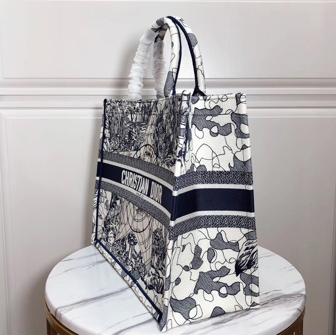 D10r Large Book Tote Bag Knockoff in Around The World Embroidered Canvas