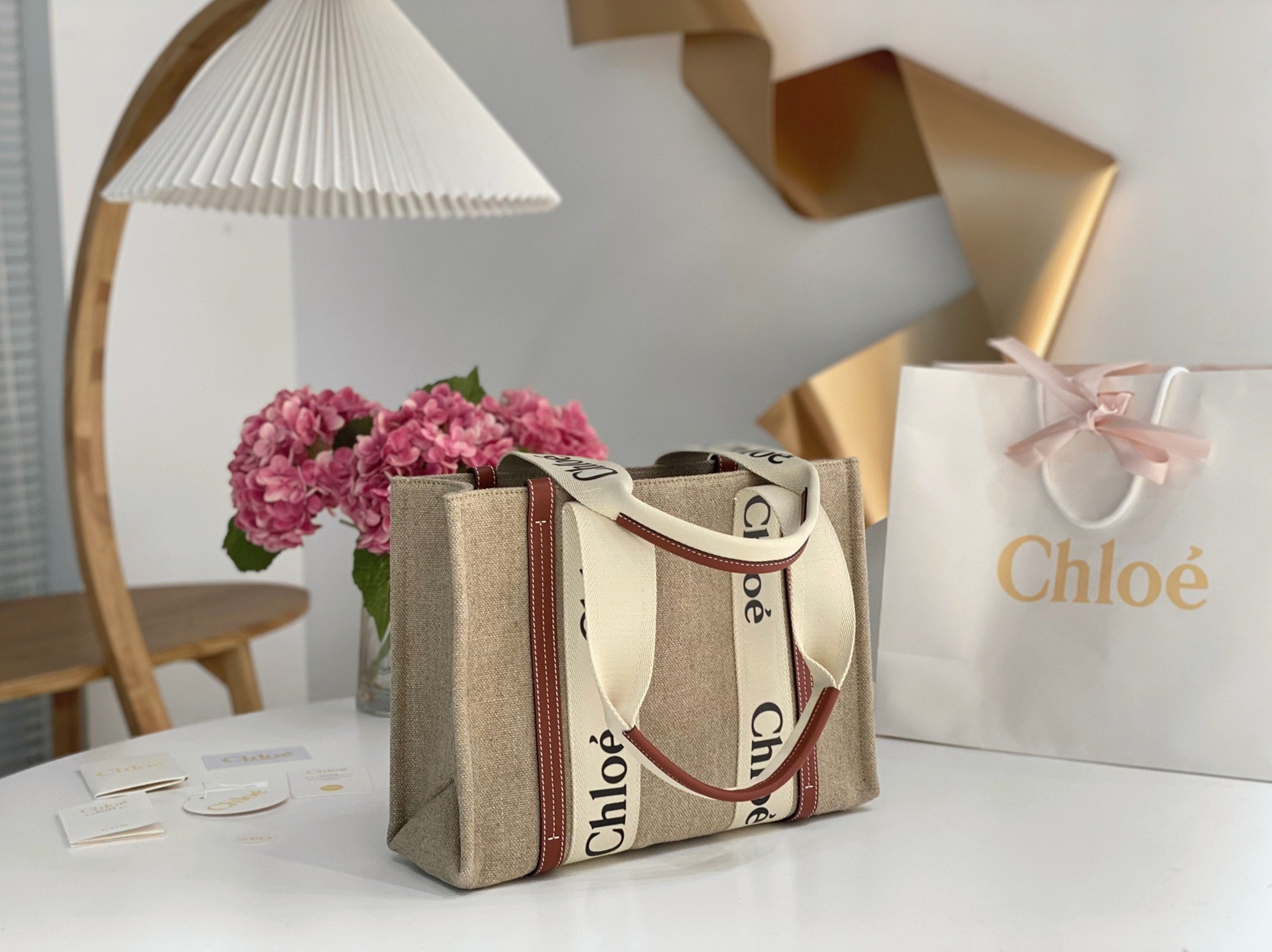top quality knockoff Ch10e woody medium tote bag in linen canvas with brown leather