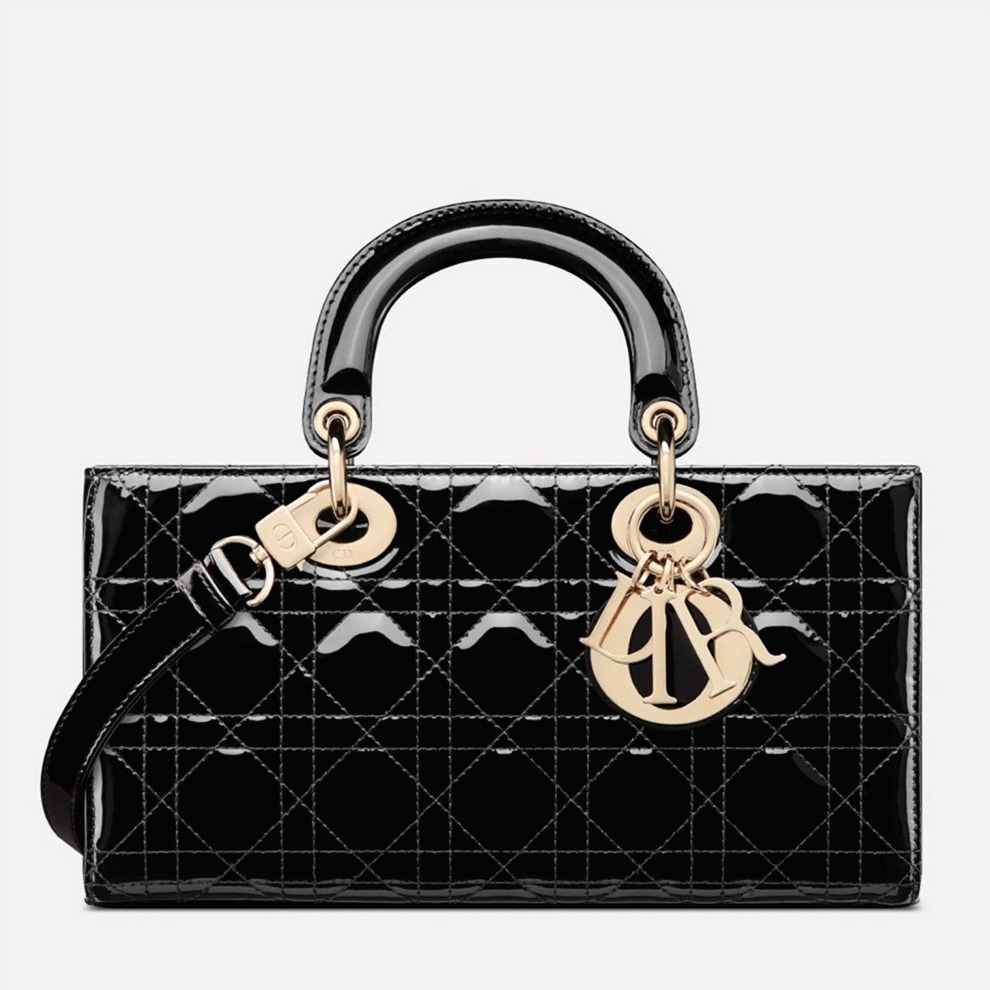 D10r Lady D-Joy Medium Bag Faux in Black Patent Cannage Calfskin