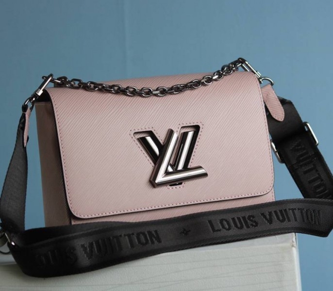 L0vis Vvtt0n Epi Leather Twist MM Bag In Rose Ballerine Pink With Jacquard Strap