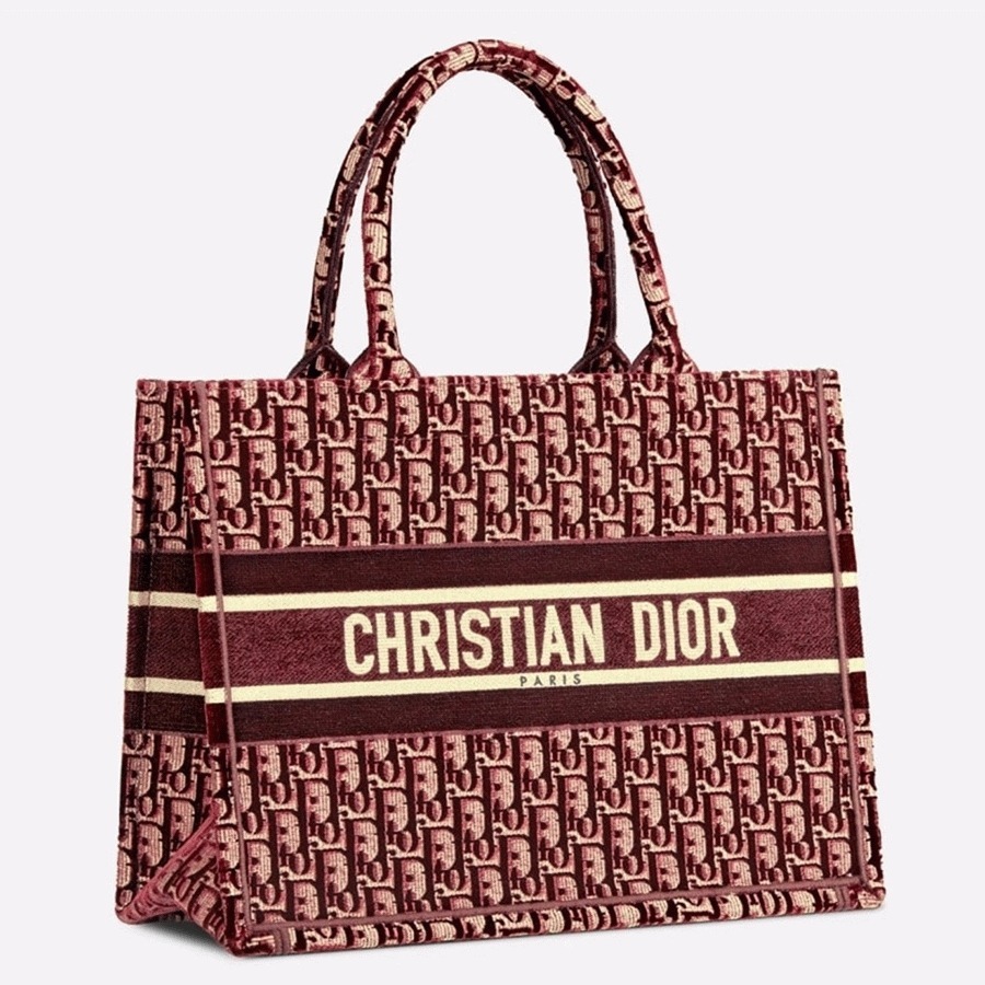 D10r Medium Book Tote Bag Replica in Bordeaux Velvet Oblique Embroidered
