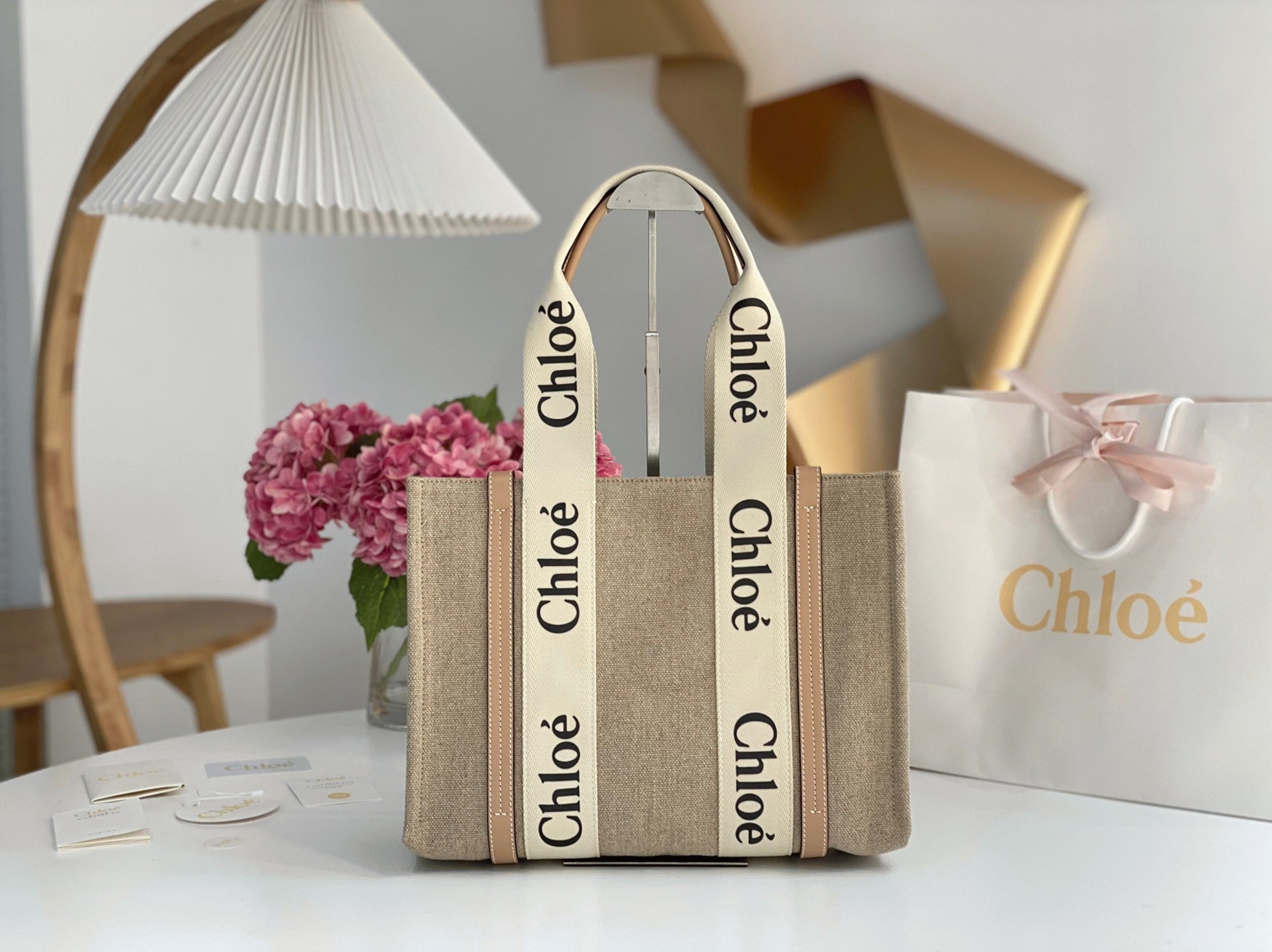 top quality fake Ch10e woody medium tote bag in linen canvas with beige leather