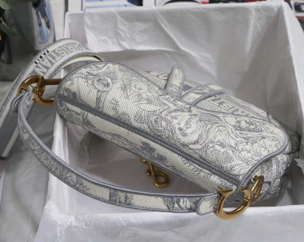 D10r Saddle Bag Fake in Grey Toile de Jouy Embroidery