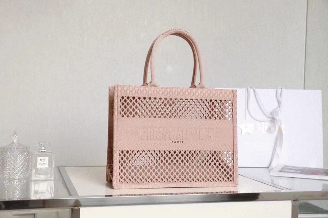 D10r Large Book Tote Bag Replica in Beige Mesh Embroidery