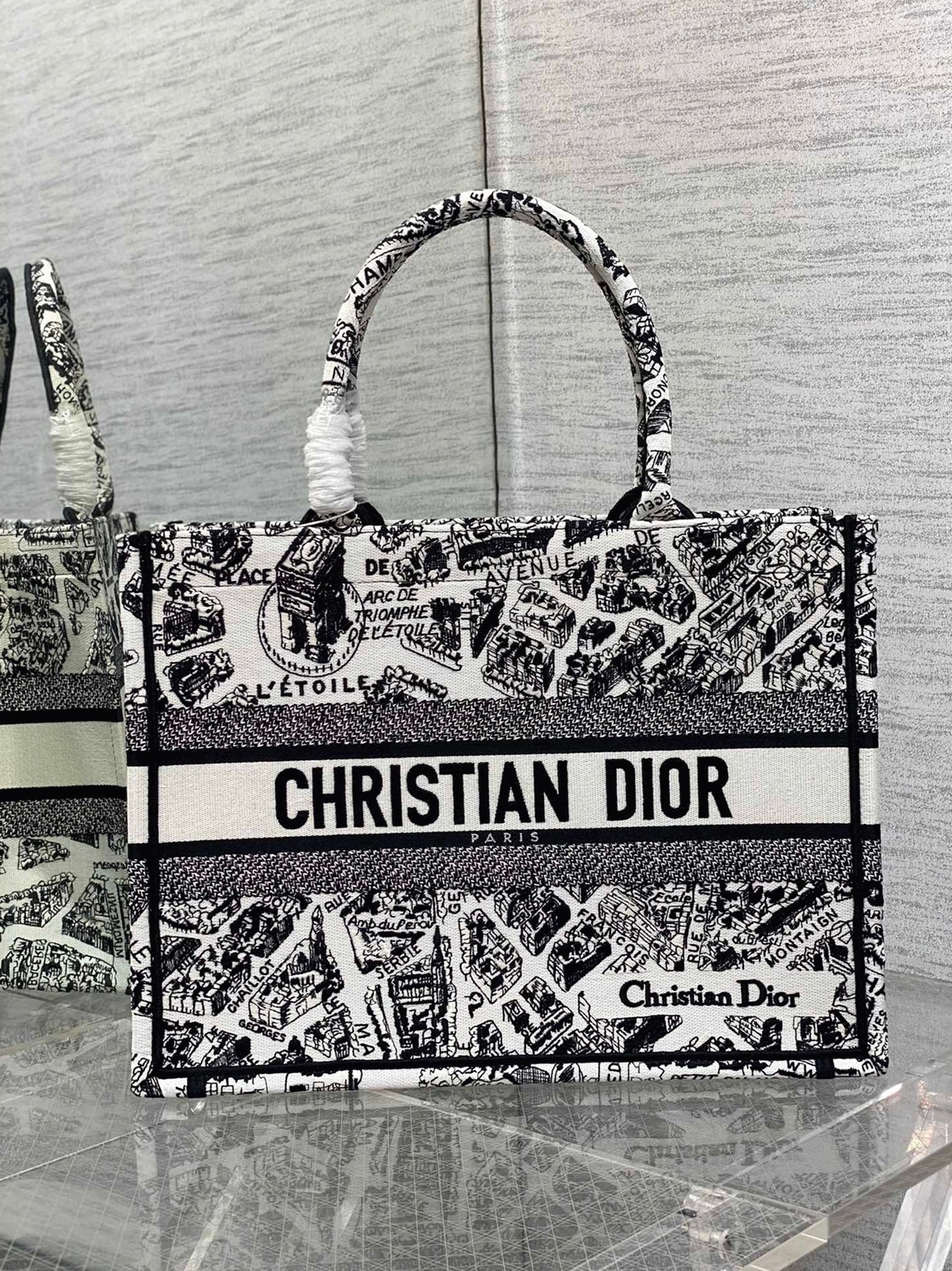 D10r Large Book Tote Bag Knockoff in White Plan de Paris Embroidery