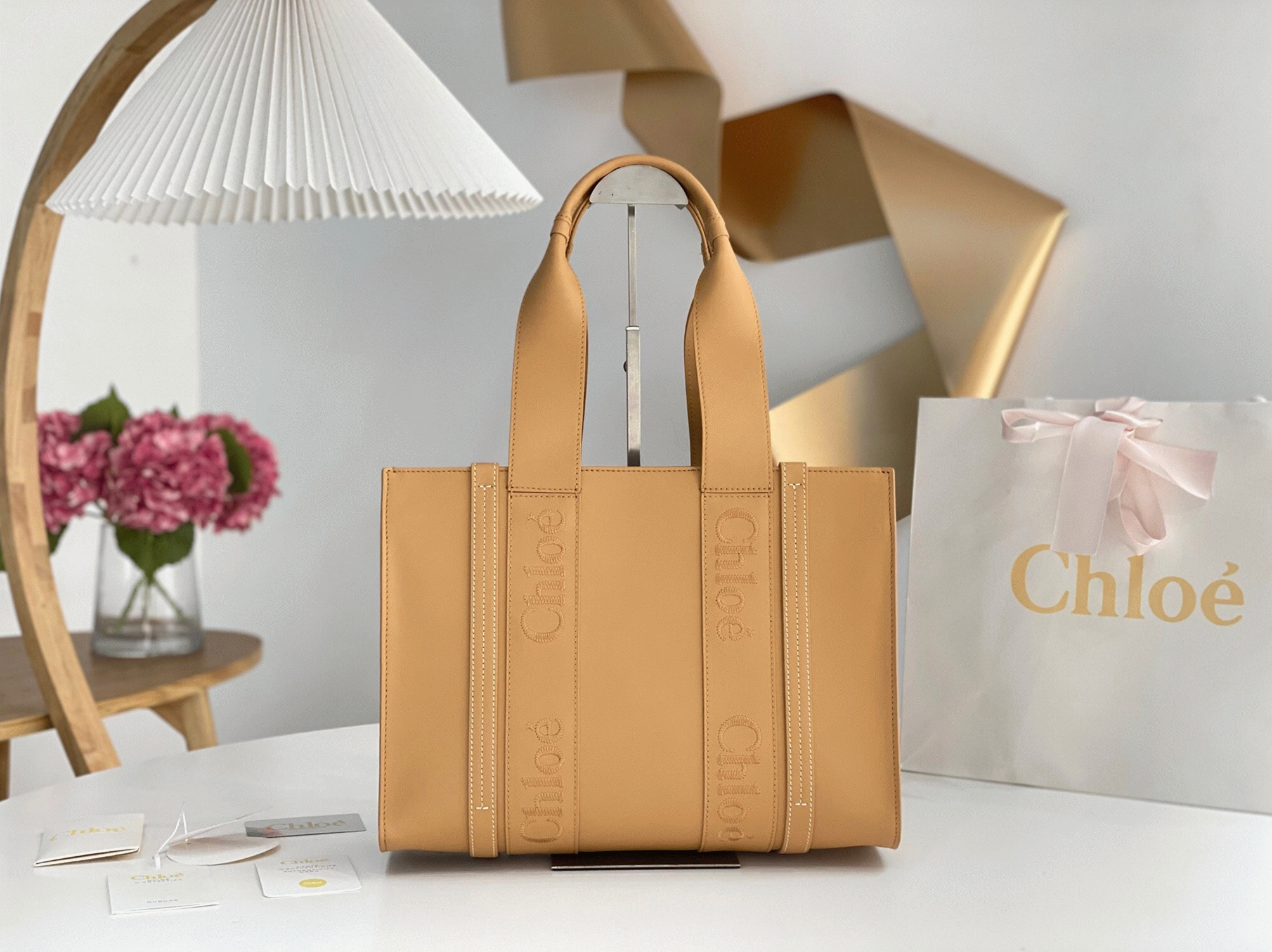 top quality knockoff Ch10e woody medium tote bag in beige calfskin