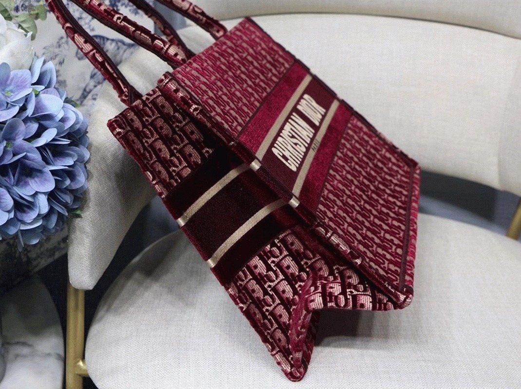 D10r Medium Book Tote Bag Replica in Bordeaux Velvet Oblique Embroidered