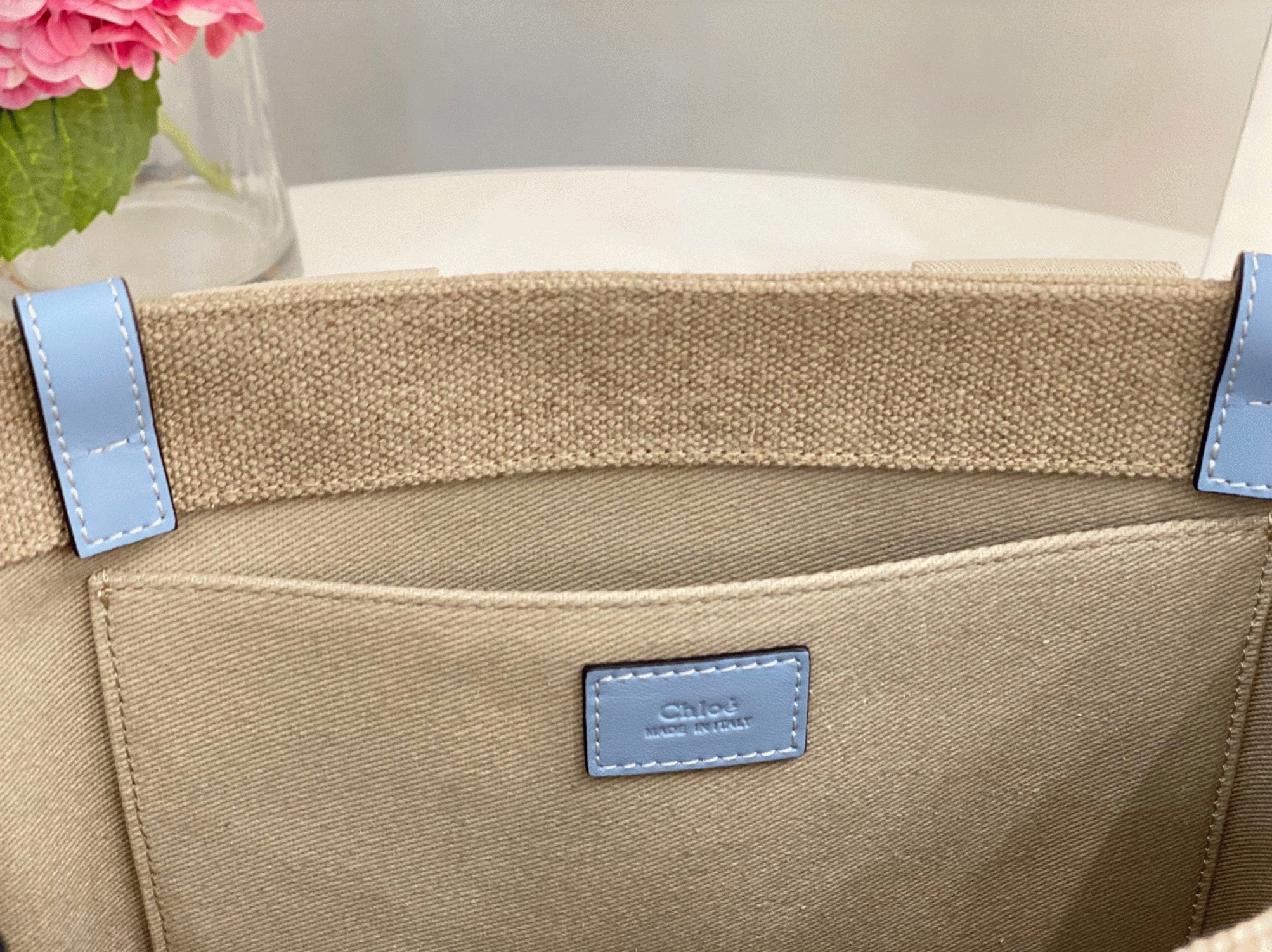 top quality replica Ch10e woody medium tote bag in linen canvas with blue leather