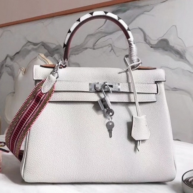 White H**me5 Kelly 28cm Knockoff Bag with Zigzag Handle