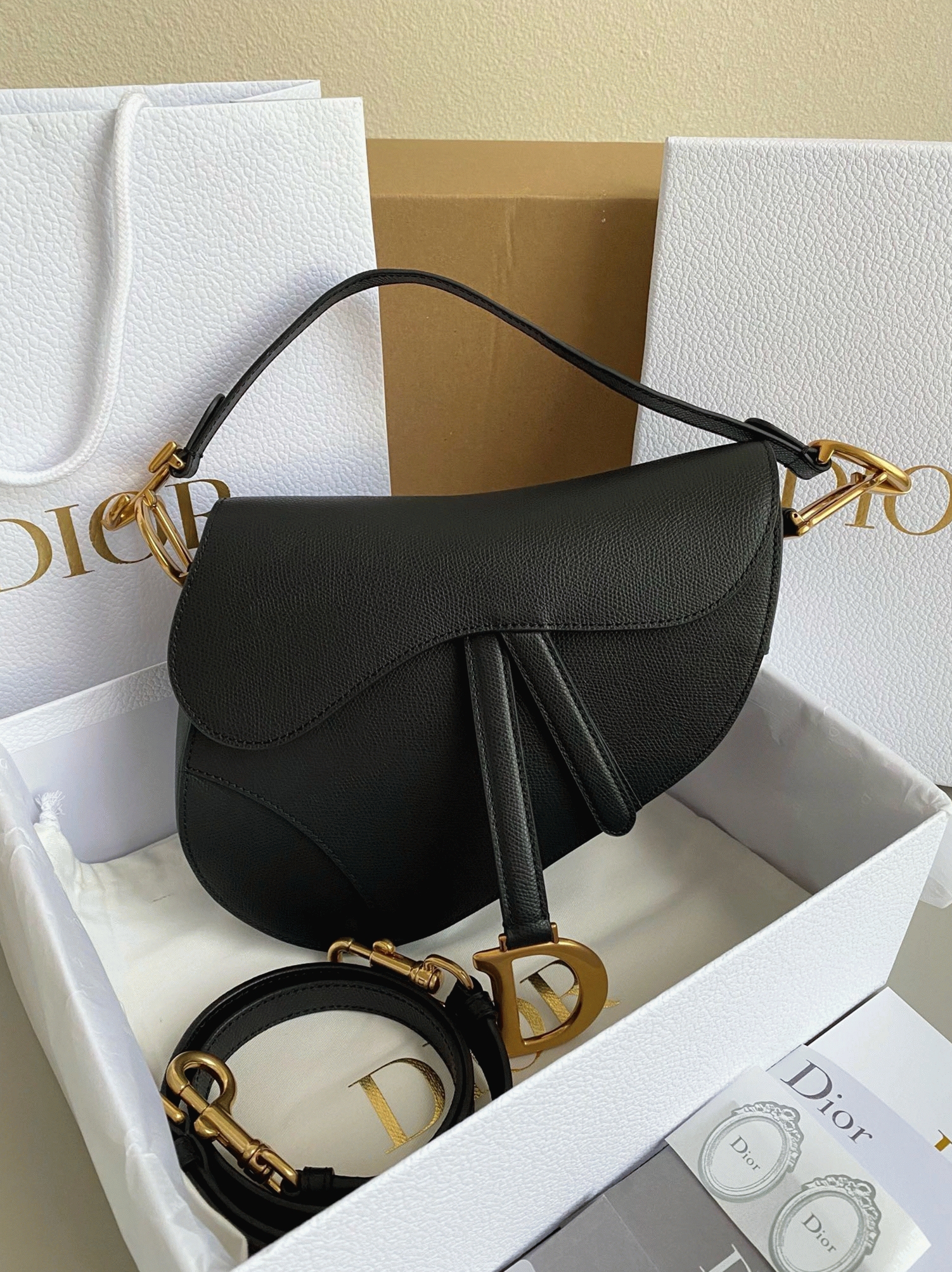 D10r Saddle Bag with Strap Fake in Black Grained Calfskin