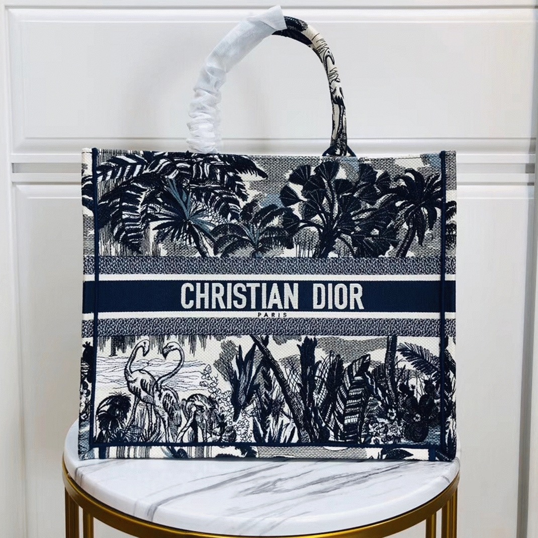 D10r Large Book Tote Bag Replica in Blue Palm Tree Toile de Jouy Embroidery