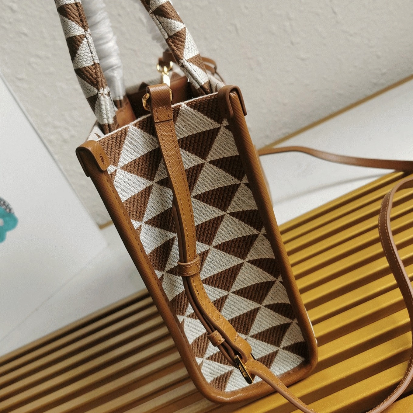 Pra*a Symbole Large Bag Replica in White/Brown Jacquard Fabric