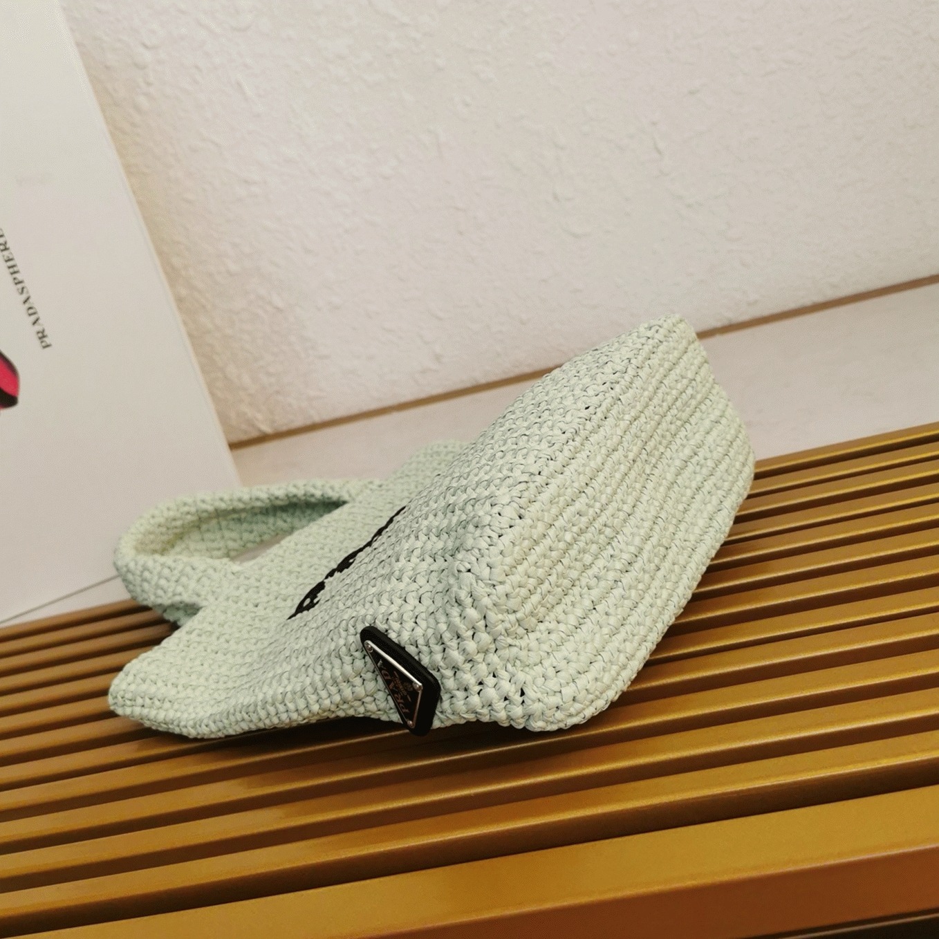 Pra*a Small Crochet Tote Bag Replica in Aqua Raffia-effect Yarn