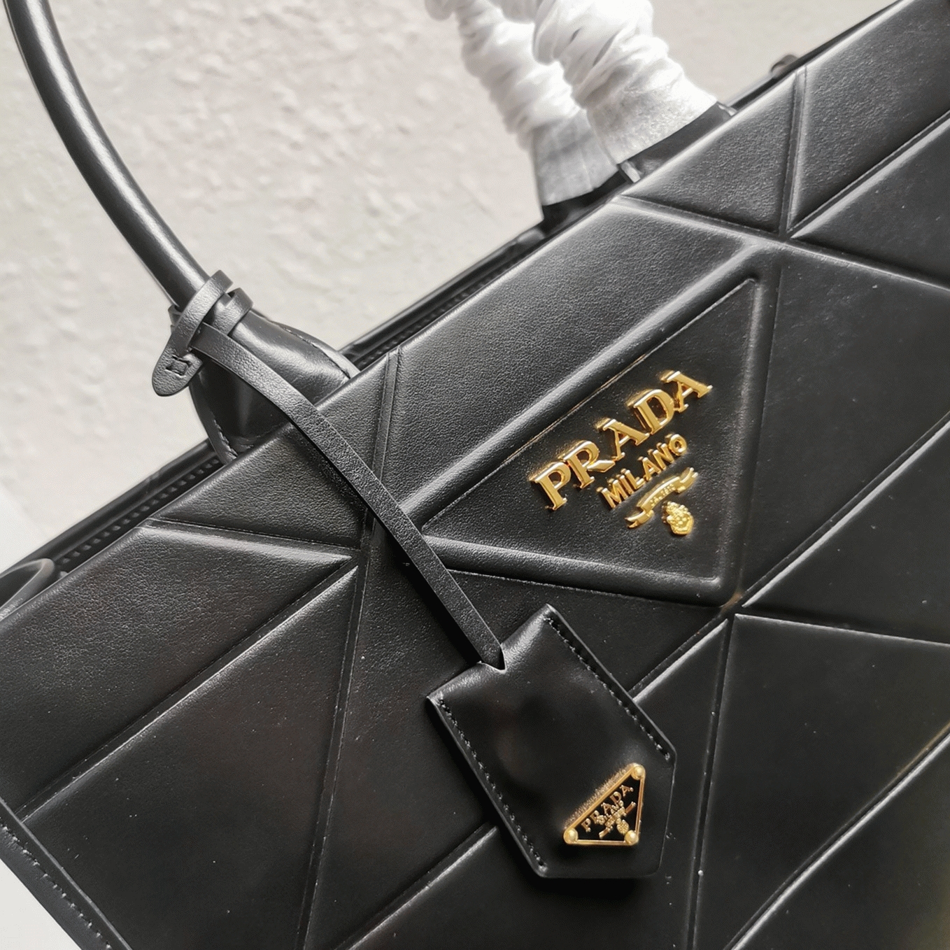 Pra*a Symbole Medium Bag Replica with Topstitching in Black
