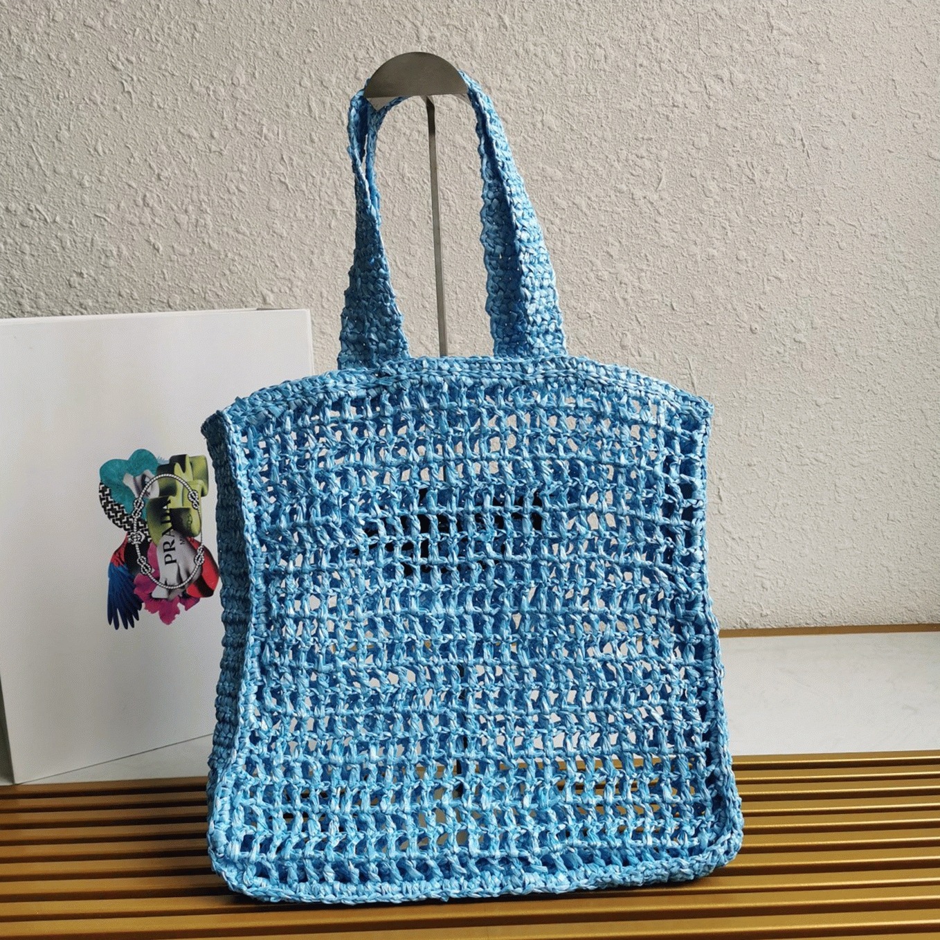 Pra*a Small Tote Bag Knockoff in Blue Woven Raffia