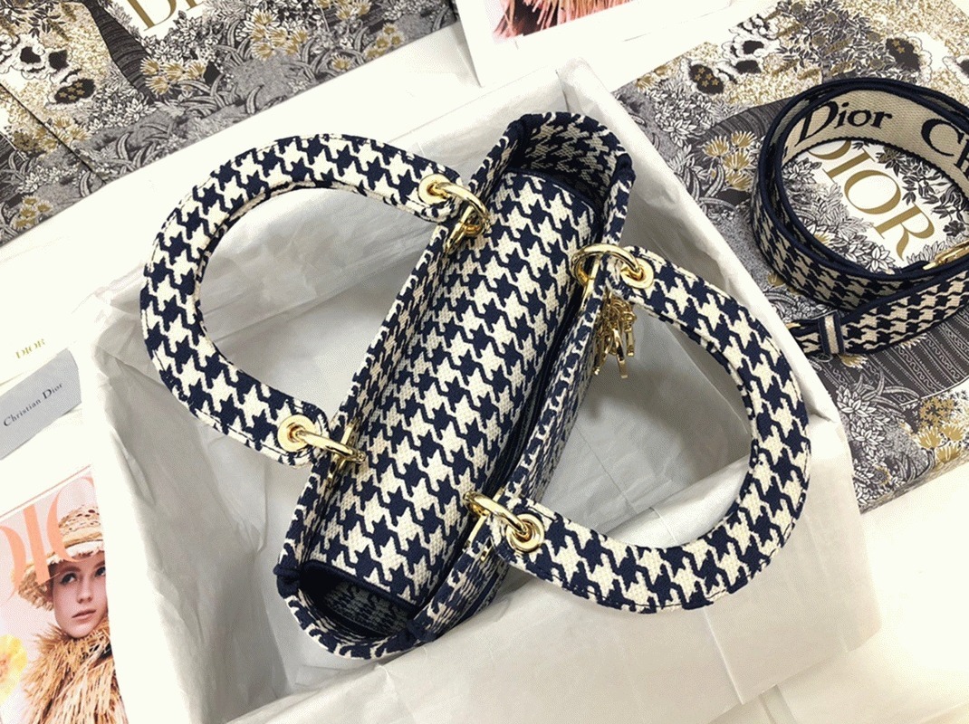 D10r Lady D-Lite Medium Bag Replica in Black   White Houndstooth Embroidery