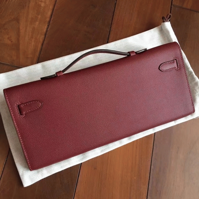 Bordeaux Epsom Fake H**me5 Kelly Cut Clutch Sleek Purse
