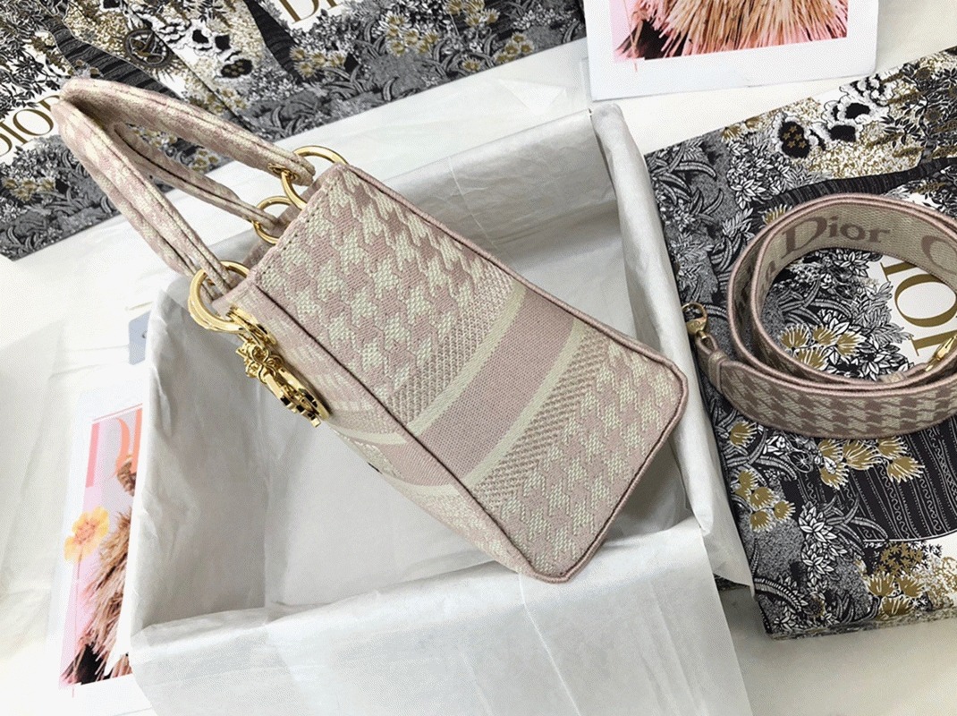D10r Lady D-Lite Medium Bag Knockoff in Pink   White Houndstooth Embroidery