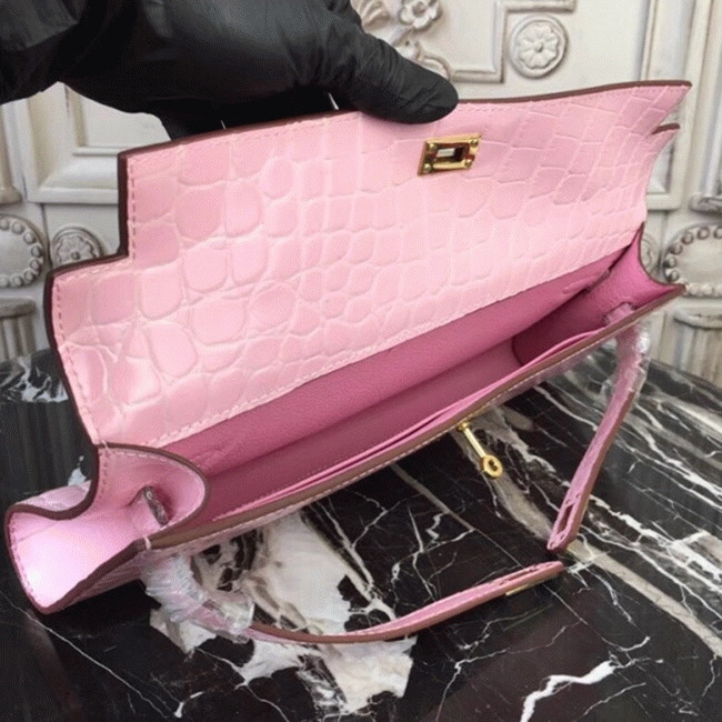 Pink Crocodile Replica H**me5 Kelly Cut Clutch Feminine Tote