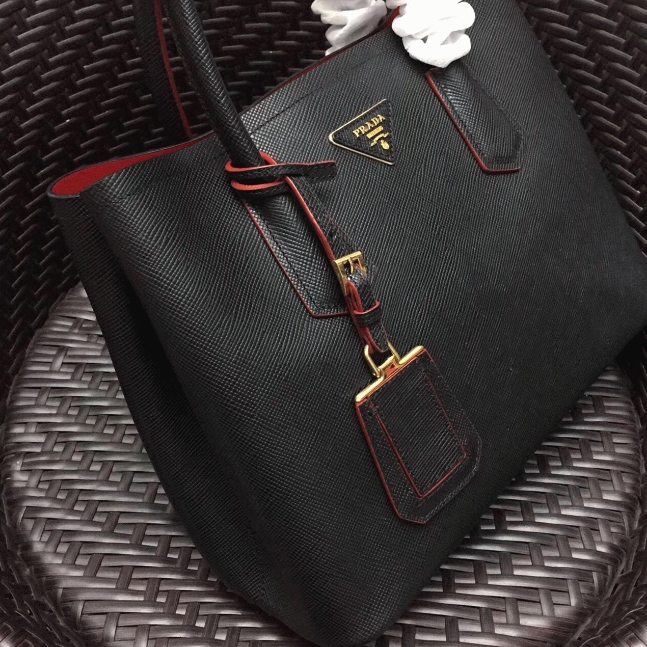 Black Pra*a Double Medium Tote Bag Imitation
