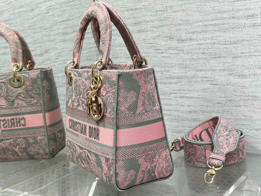 D10r Lady D-Lite Medium Bag Knockoff in Grey and Pink Toile de Jouy Reverse Embroidery