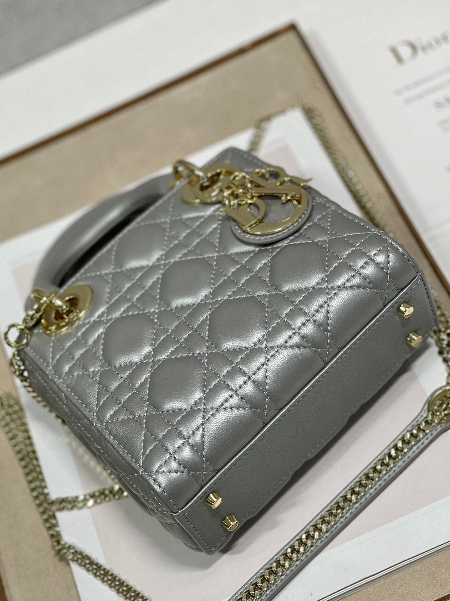 D10r Lady D10r Mini Chain Bag Replica in Grey Pearlescent Lambskin