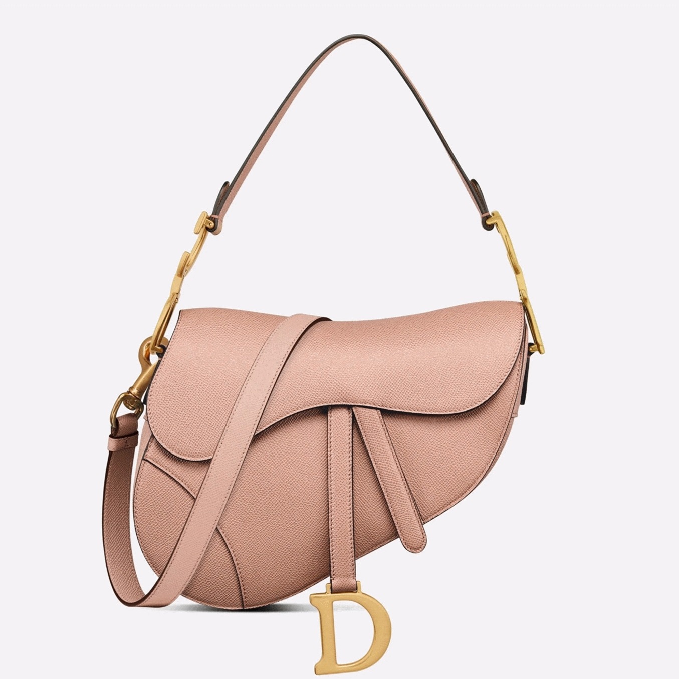 D10r Saddle Bag with Strap Knockoff in Blush Grained Calfskin