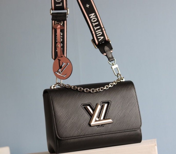 L0vis Vvtt0n Epi Leather Twist MM Bag In Black With Jacquard Strap