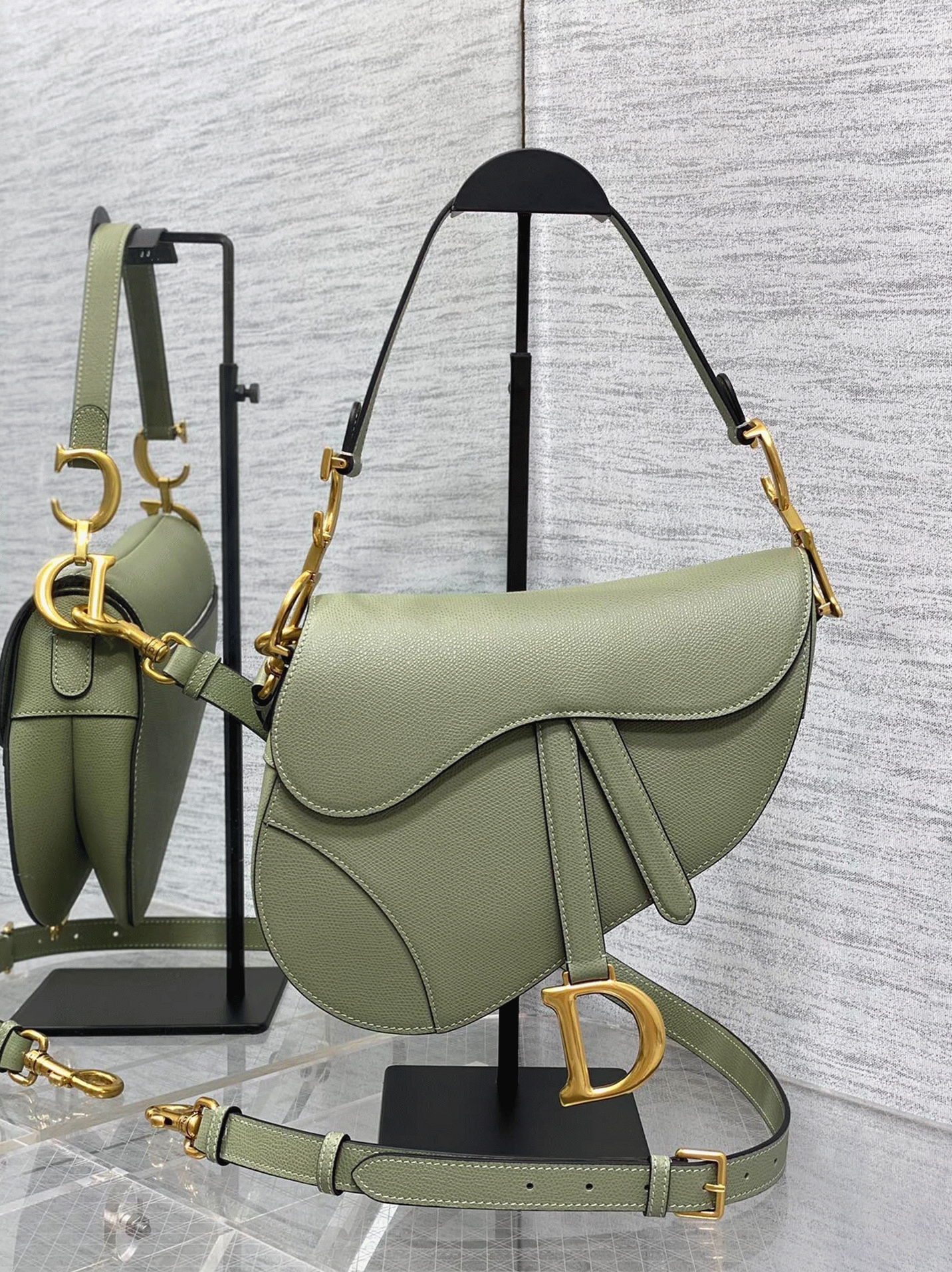 D10r Saddle Bag with Strap Imitation in Ethereal Green Grained Calfskin