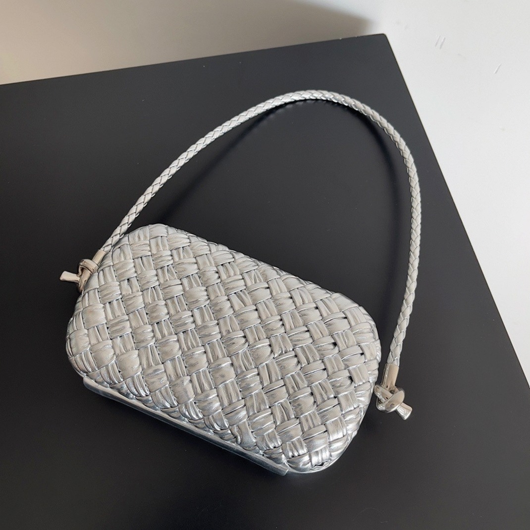 Fake B0tt*ga Ven*ta Knot Minaudiere On Strap Silver Intreccio Laminated Leather