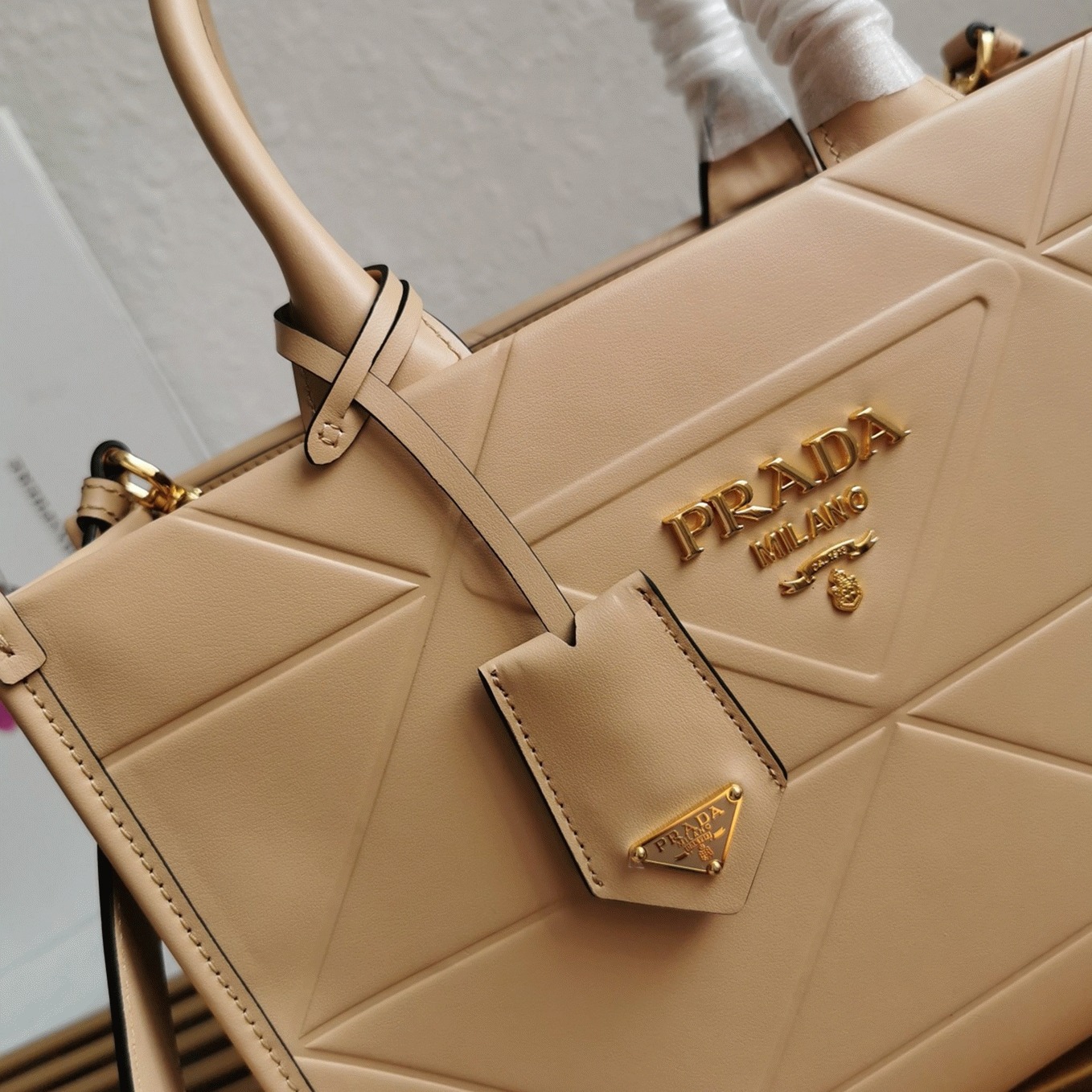 Pra*a Symbole Small Bag Imitation with Topstitching in Beige
