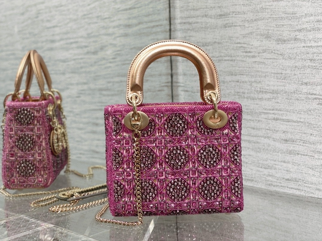 D10r Lady D10r Mini Chain Bag Fake in Satin with Pink Resin Pearl Embroidery