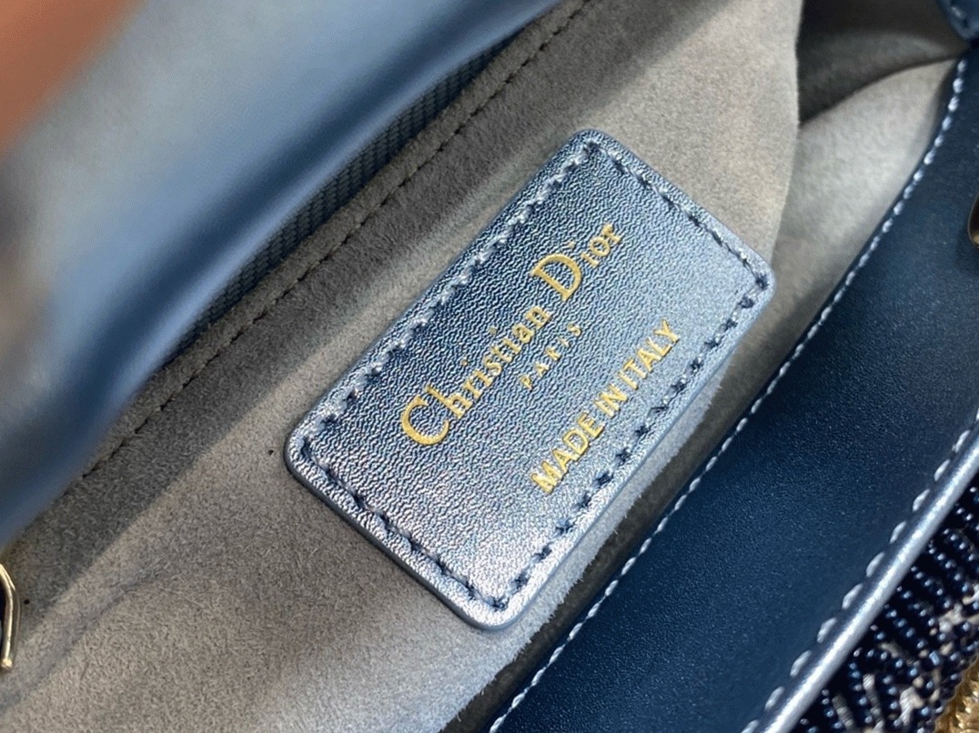 D10r Lady D10r Mini Chain Bag Replica in Satin with Blue Bead Embroidery