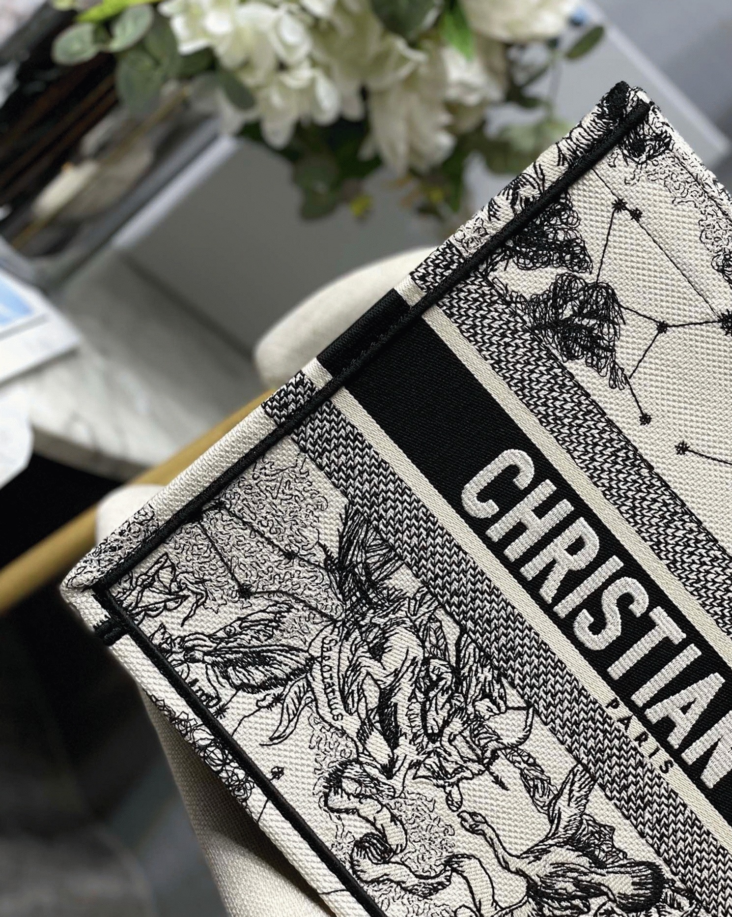 D10r Large Book Tote Bag Replica in White Toile de Jouy Zodiac Embroidery