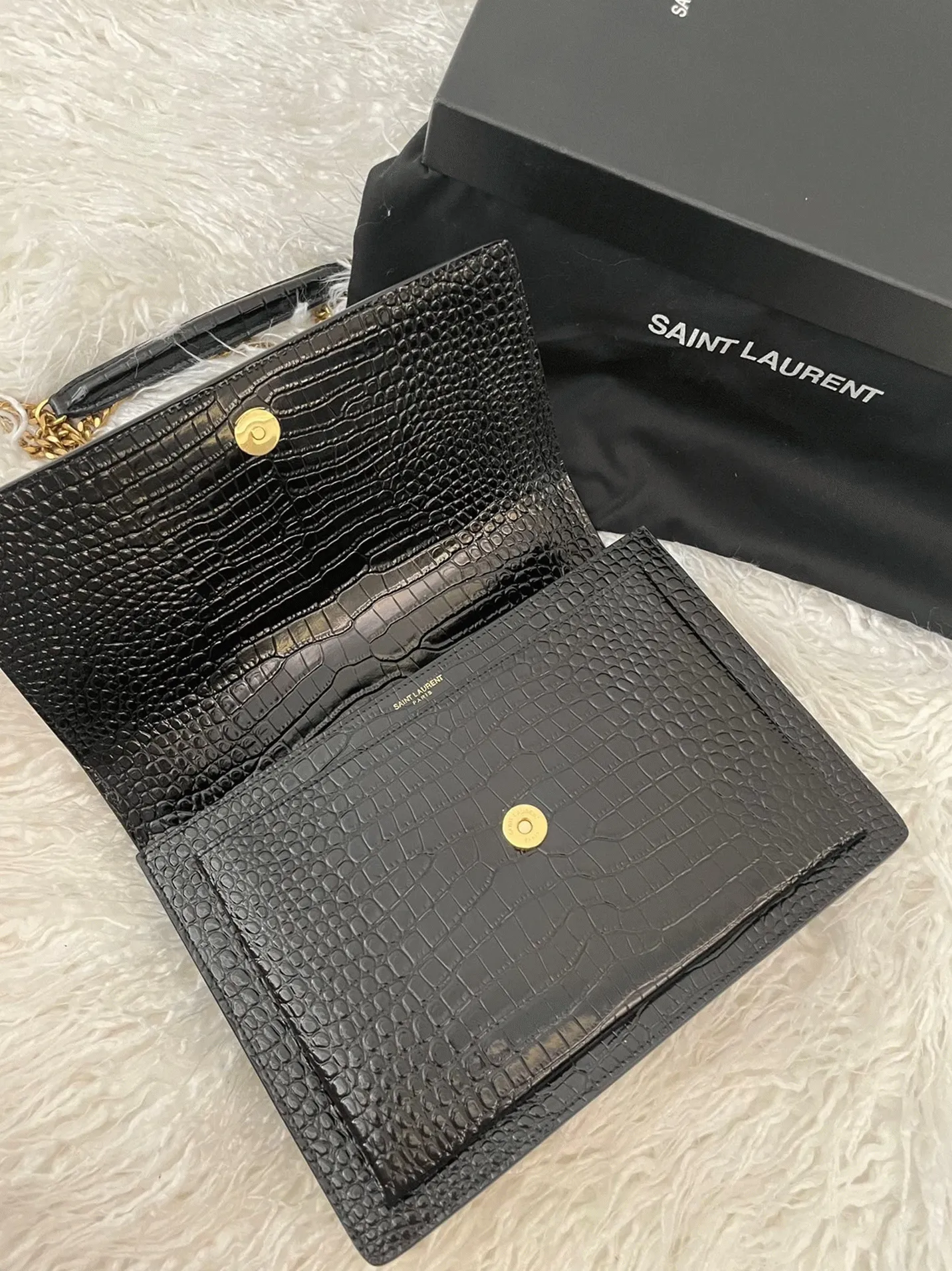 Fake Sa1nt Lau*nt Sunset Medium Chain Bag Black Crocodile-embossed Leather