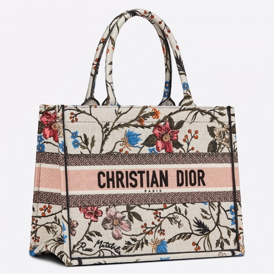 D10r Medium Book Tote Bag Fake in Multicolor Rosa Mutabilis Embroidery