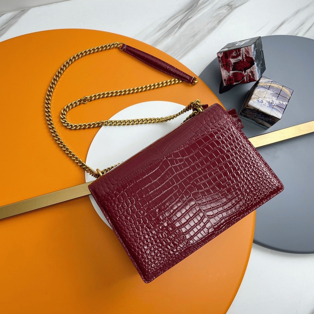 Fake Sa1nt Lau*nt Sunset Medium Chain Bag Bordeaux Crocodile-embossed Leather