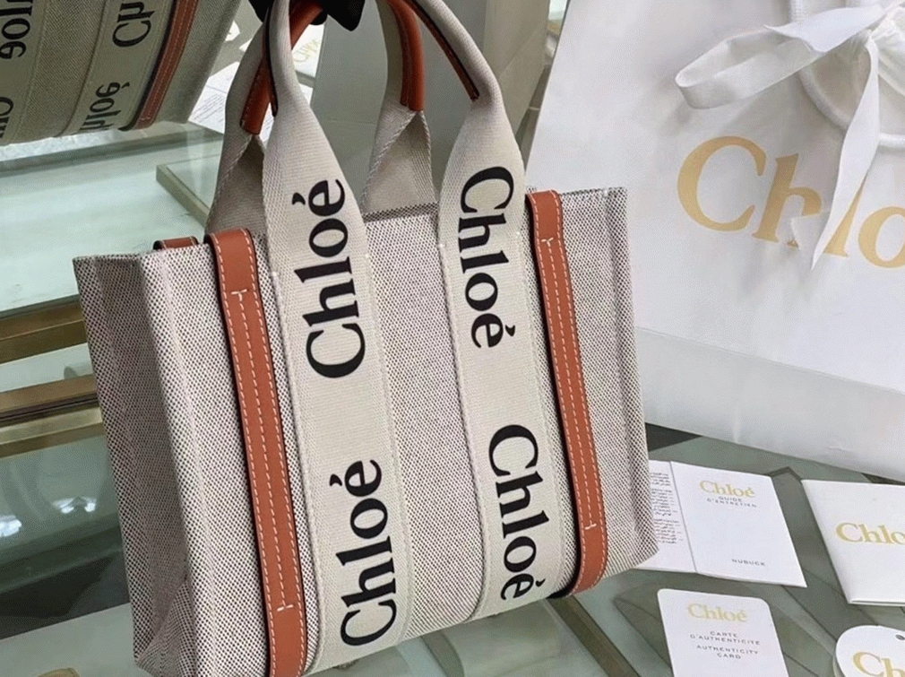 top quality knockoff Ch10e small woody tote bag in canvas with brown leather strips