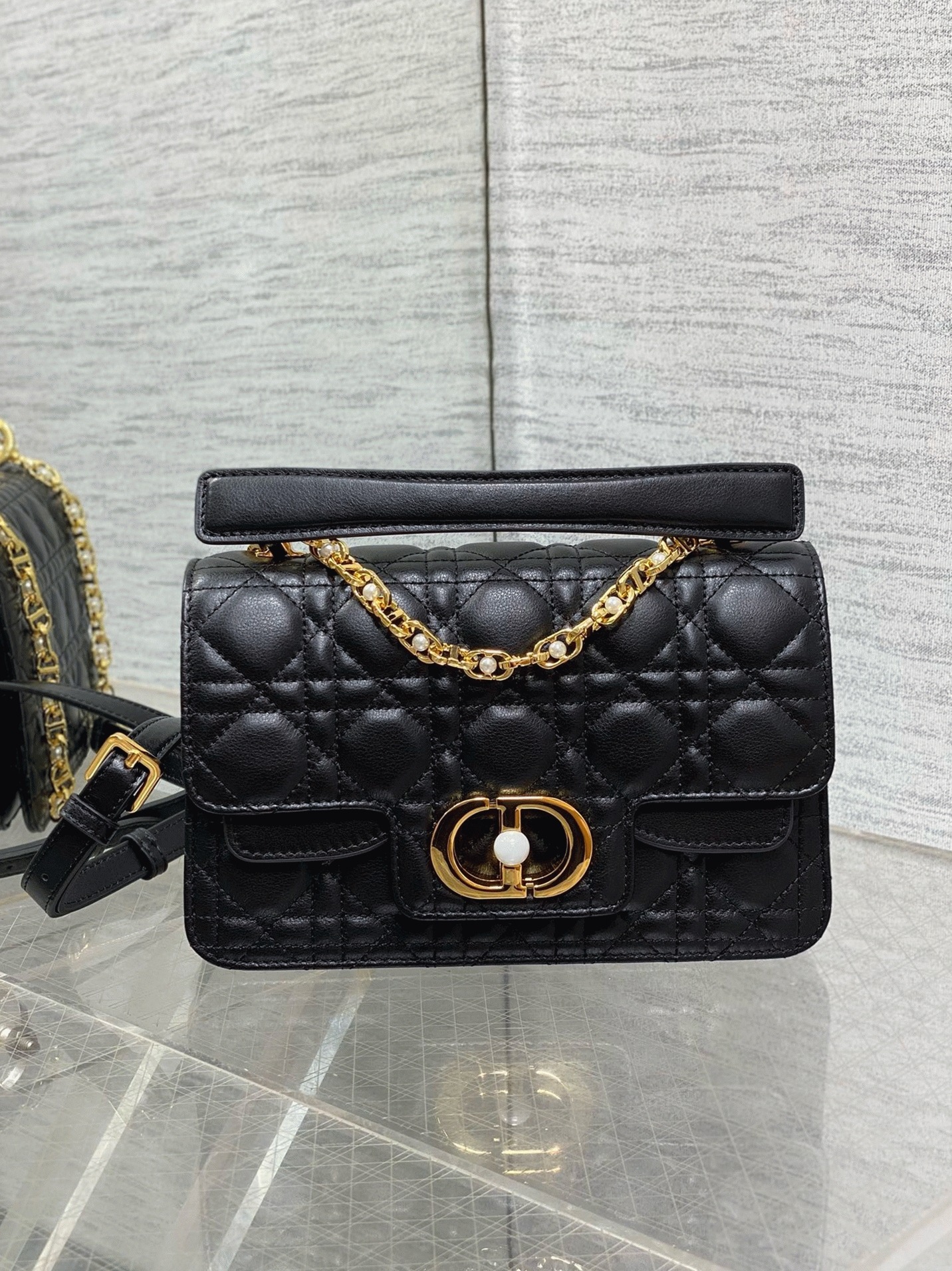 D10r Small Jolie Top Handle Bag Fake in Black Cannage Calfskin